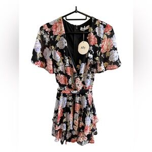 Ally. Floral Playsuit / Romper Black w/ Pink & Blue Flowers, Waist Tie Size XXS